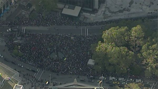 An aerial shot puts the size of Wednesday afternoon's march on Wall Street into perspective. (Source: CNN/WABC)