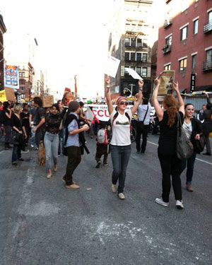 Protesters in Wednesday afternoon's demonstrations cross Bleeker Street in Lower Manhattan. (Source: Ardice Cotter)