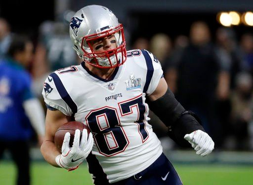 (AP Photo/Chris O'Meara). New England Patriots tight end Rob Gronkowski (87), warms up before the NFL Super Bowl 52 football game against the Philadelphia Eagles, Sunday, Feb. 4, 2018, in Minneapolis.