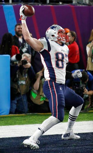 (AP Photo/Matt York). New England Patriots' Rob Gronkowski celebrates his touchdown catch during the second half of the NFL Super Bowl 52 football game against the Philadelphia Eagles Sunday, Feb. 4, 2018, in Minneapolis.