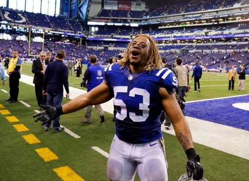 (AP Photo/Darron Cummings, File). FILE - In this Nov. 20, 2016 file photo, Indianapolis Colts linebacker Edwin Jackson (53) walks off the field following an NFL football game against the Tennessee Titans in Indianapolis. Jackson, 26, was one of two men...