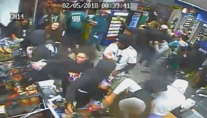 The video shows several men and women, many of them still decked out in Eagles gear, enter the store after the big game. They took food and sodas from the shelves and threw them everywhere. (Source: Philadelphia Police Department)