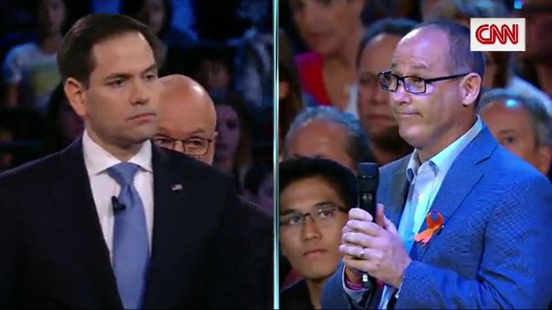 Fred Guttenberg, the father of Jaime Guttenberg, one of the 17 killed last week in Parkland, FL, pressed Sen. Marco Rubio on the role of guns and assault weapons in the shooting during a CNN town hall event on Wednesday, Feb. 21. (Source: CNN)