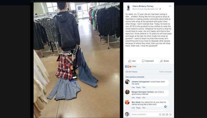 Cierra Brittany Forney made her son take $20 of his own money to buy clothes at the thrift store that he would have to wear the entire week at school. (Source: Facebook/Cierra Brittnay Forney)