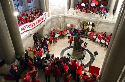 (AP Photo/Adam Beam). Hundreds of Kentucky teachers protest outside of Gov. Matt Bevin's office on Friday, March 30, 2018, in Frankfort, Ky.