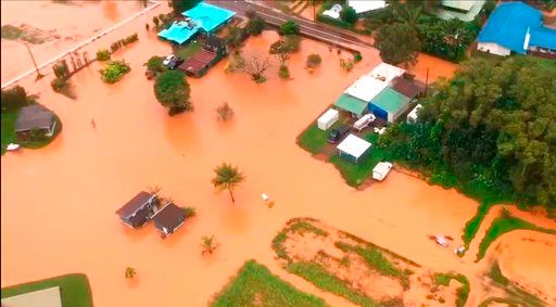 (Petty Officer 3rd Class Brandon Verdura/U.S. Coast Guard via AP). This Sunday, April 15, 2018 image taken from video provided by the U.S. Coast Guard shows flooding along Kauai's Hanalei Bay, Hawaii. Hawaii Gov. David Ige issued an emergency proclamat...