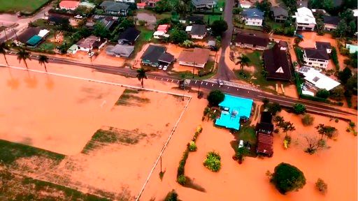 (Petty Officer 3rd Class Brandon Verdura/U.S. Coast Guard via AP). This Sunday, April 15, 2018 image taken from video provided by the U.S. Coast Guard shows flooding along Kauai's Hanalei Bay, Hawaii. Hawaii Gov. David Ige issued an emergency proclamat...