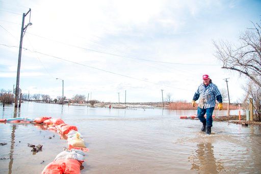 (Ryan Welch/Havre Daily News via AP). Ben Miller looks at the sand bags around the house he owns as water runs over South Main Street in Harlem, Mont., Tuesday, April 17, 2018. The sand bags, all 235 of them, go around the house he rents to Jeff Werk w...