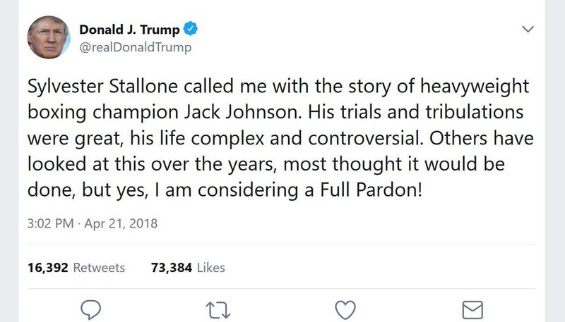 President Donald Trump tweeted that he’s considering granting a posthumous pardon to legendary boxer Jack Johnson. (Source: Twitter/@realDonaldTrump)