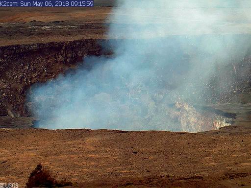 (U.S. Geological Survey via AP). This Sunday, May 6, 2018, image from a research camera mounted in the observation tower at the Hawaiian Volcano Observatory and provided by the U.S. Geological Survey, shows the summit of the Kilauea volcano on the Big ...