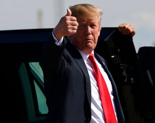 (AP Photo/Susan Walsh). President Donald Trump arrives at Duluth International Airport, in Duluth Minn., Wednesday, June 20, 2018. Trump is in Duluth to speak at a rally for Pete Stauber, a Republican congressional candidate running in a traditionally ...
